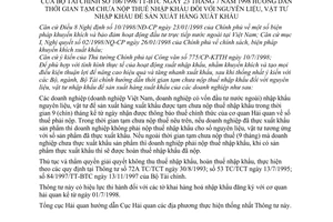 Thông tư 106/1998/TT/BTC thời gian chưa nộp thuế nhập khẩu nguyên liệu, vật tư nhập khẩu sản xuất