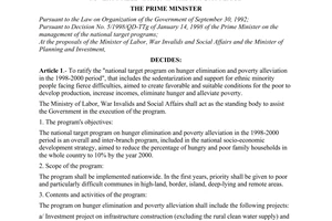Decision No. 133/1998/QD-TTg, ratifying the national target program on hunger elimination and poverty alleviation in the 1998-2000 period, promulgated by the Prime Minister of Government