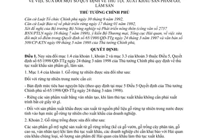 Quyết định  136/1998/QĐ-TTg sửa đổi một số quy định về thủ tục xuất khẩu sản phẩm gỗ, lâm sản