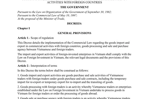 Decree of Government No. 57/1998/ND-CP, promulgated by the Government, detailing the implementation of the commercial law regarding the goods import, export, processing, and sale and purchase agency activities with foreign countries