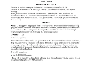 Decision No. 135/1998/QD-TTg of the Prime Minister of Government, approving the program on socio-economic development in mountainous, deep-lying and remote com-munes with special difficulties