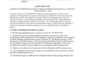 Joint circular No.11/1998/TTLT/BTM-UBDTMN-BTC-BKHDT, passed by the Committee for Ethnic Minorities and Mountainuos Area, the Ministry of Finance, the Ministry of Planning and Investment, the Ministry of Trade, guiding implementation of the Government's Decree No. 20/1998/ND-CP of March 31, 1998