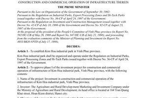 Decision No. 679/QD-TTg of August 01, 1998 on the establishment of Kim Hoa industrial park in Vinh Phuc province and the approval of phase I of the investment project for construction and commercial operation of infrastructure therein