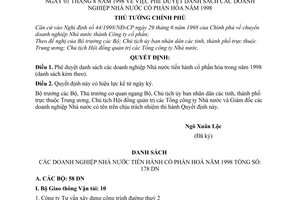 Quyết định 140/1998/QĐ-TTg phê duyệt danh sách doanh nghiệp Nhà nước cổ phần hoá năm 1998