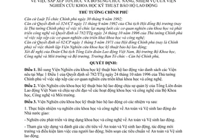 Quyết định141/1998/QĐ-TTg  sắp xếp tổ chức và bổ sung chức năng, nhiệm vụ của Viện Nghiên cứu khoa học kỹ thuật bảo hộ lao động