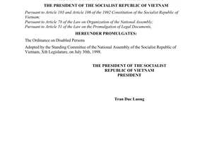 Order No. 06-L/CTN of the President of Vietnam, promulgating the Ordinance on disabled persons