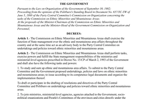 Decree of Government No. 59/1998/ND-CP, on the functions, tasks, powers and organizational structure of the commission on ethnic minorities and mountainous areas