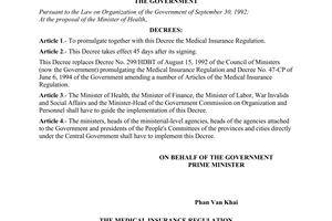 Decree of Government No. 58/1998/ND-CP, promulgating the medical insurance regulation