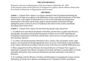 Decree of Government No. 66/1998/ND-CP of August 24, 1998, on the functions, tasks, powers and organizational structure of Vietnam News Agency