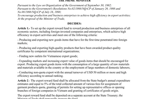Decision No. 764/QD-TTg of August 24, 1998 on the setting up of export reward fund