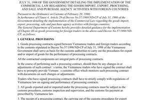 Circular No. 03/1998/TT-TCHQ of August29, 1998 guiding the implementation of chapter iii of Decree No. 57/1998/ND-CP of July 31, 1998 of The Government detailing the implementation of the commercial Law regarding the goods import, export, processing, and sale and purchase agency activities with foreign countries