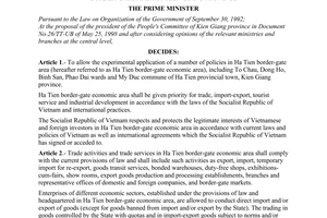 Decision No. 158/1998/QD-TTg of September 03, 1998 on the experimental application of a number of policies in Ha Tien border-gate area of Kien Giang province