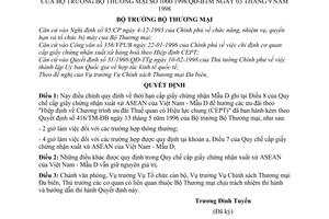 Quyết định 1000/1998/QĐ-BTM điều chỉnh thời hạn cấp giấy chứng nhận hưởng các ưu đãi theo "Hiệp định về chương trình ưu đãi thuế quan có hiệu lực CEFT