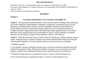 Decree of Government No. 68/1998/ND-CP of September 3, 1998 detailing the implementation of The Ordinance on natural resource tax (amended)