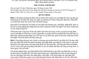 Quyết định 158/1998/QĐ-TTg  áp dụng thí điểm một số chính sách tại khu vực cửa khẩu Hà Tiên tỉnh Kiên Giang