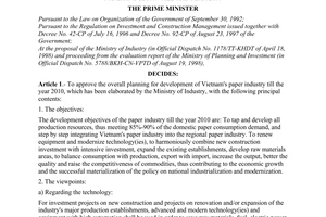 Decision No. 160/1998/QD-TTg of September 04, 1998 on the approval of the overall planning for development of the paper industry till the year 2010