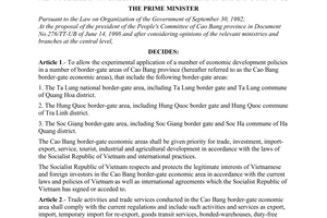 Decision No. 171/1998/QD-TTg of September 09, 1998 on the experimental application of a number of economic develop-ment policies in a number of border-gate areas of Cao Bang province