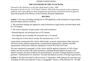 Decision No. 309/1998/QD-NHNN1 of September 10th, 1998, on Decision the rates of lending in US$ by the credit institutions to legal entities, individuals and rates of deposits in US$ by legal entities in credit institutions