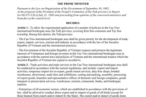 Decision No. 177/1998/QD-TTg of September 15, 1998 on the experimental application of a number of policies in The Cau Treo International border-gate area, Ha Tinh province