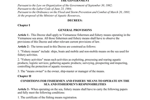 Decree of Government No.72/1998/ND-CP of September 15, 1998 on ensuring safety for fishermen and fishery means on the sea