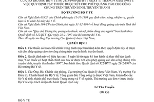 Quyết định 2433/1998/QĐ-BYT quy định các thuốc được xét cho phép quảng cáo cho công chúng trên truyền hình, trruyền thanh