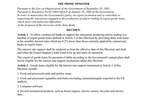 Decision No. 178/1998/QD-TTg of September 19, 1998 on the bank loan interest rates in support of several export goods items