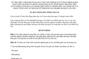 Quyết định 236/1998/QĐ-UB kiểm soát liên ngành cửa khẩu hàng hoá xuất nhập khẩu Lào Cai