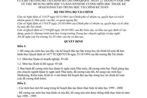 Quyết định 1265/1998/QĐ-BTC bổ sung môn học ban hành đề cương môn học thuộc kế hoạch đào tạo trung học tài chính kế toán
