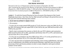 Decision No.184/1998/QD-TTg of September 24, 1998 on the ratification of the general planning for socio-economic development of the central highlands in the period from now to the year 2010