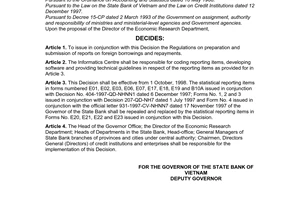 Decision No.318/1998/QD-NHNN1 of September 24, 1998, on the issuance of the regulation on the preparation and submission of reports on foreign borrowings and repayment