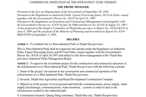 Decision No. 186/1998/QD-TTg of September 25, 1998 on the establishment of Le Mon industrial park, Thanh Hoa province, and the approval of the investment project for construction and commercial operation of the infrastruc-ture therein