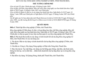 Quyết định 186/1998/QĐ-TTg thành lập phê duyệt Dự án đầu tư xây dựng kinh doanh kết cấu hạ tầng Khu công nghiệp Lễ Môn, tỉnh Thanh Hoá