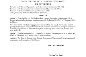 Decree of Government No. 79/1998/ND-CP of September 29, 1998 on amendments to the duty-free luggage quotas for passengers on exit or entry at Vietnam's border gates, issued together with Decree No. 17-CP of February 6, 1995 of The Government