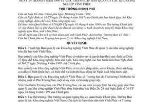 Quyết định  190/1998/QĐ-TTg  thành lập Ban quản lý các khu công nghiệp Vĩnh Phúc
