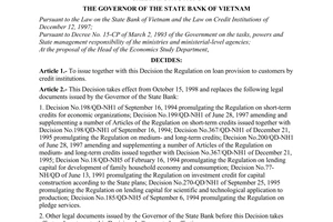 Decision No.324/1998/QD-NHNN1 of September 30, 1998 promulgating the regulation on loan provision to customers by credit institutions