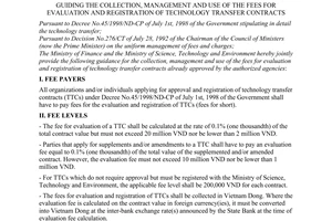 Joint circular No. 139/1998/TTLT-BTC-BKHCNMT of October 23, 1998 guiding the collection, management and use of the fees for evaluation and registration of technology transfer contracts