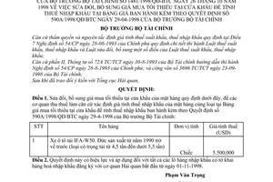 Quyết định 1481/1998/QĐ-BTC giá mua tối thiểu tại cửa khẩu để tính thuế nhập khẩu tại bảng giá bán sửa đổi Quyết định 590A/1998/QĐ/BTC năm 1998