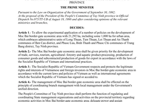 Decision No. 210/1998/QD-TTg of October 27, 1998 on the experi-mental application of a number of policies on development of Moc Bai border-gate economic area, Tay Ninh province