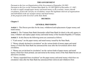 Decree of Government No. 87/1998/ND-CP of October 31, 1998 on the issue, withdrawal and replacement of paper money and metal money