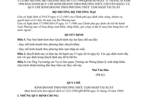 Quyết định 1311/1998/QĐ-BTM Quy chế kinh doanh theo phương thức chuyển khẩu tạm nhập tái xuất