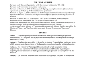 Decision No. 211/1998/QD-TTg of October 31, 1998 promulgating the regulation on foreign specialists implementing ODA programs and/or projects in Vietnam