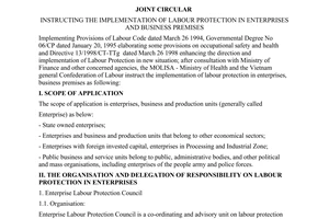 Joint Circular No.14/1998/TTLT-BLDTBXH-BYT-TLDLDVN of October 31,1998, instructing the implementation of labour protection in enterprises and business