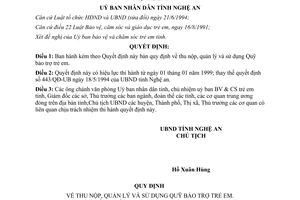 Quyết định 1249/1998/QĐ-UB về thu nộp quản lý và sử dụng quỹ Bảo trợ trẻ em Nghệ An