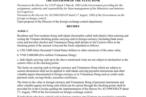 Decision No. 337/1998/QD-NHNN7 of October 10, 1998, on carrying cash in foreign currency and Vietnamese dong upon entry into and exit from the country.