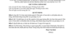 Quyết định 197/1998/QĐ-TTg  quản lý hoá chất và chế phẩm diệt côn trùng, diệt khuẩn dùng trong lĩnh vực gia dụng y tế