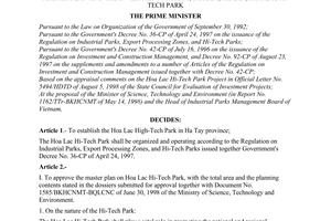 Decision No.198/1998/QD-TTg of October 12, 1998 on the estab-lishment of Hoa Lac hi-tech park; and approval of the master plan and the investment project, stage 1, phase I, Hoa Lac hi-tech park
