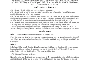 Quyết định 198/1998/QĐ-TTg  thành lập khu công nghệ cao Hoà Lạc, phê duyệt quy hoạch tổng thể và dự án đầu tư bước I, giai đoạn I