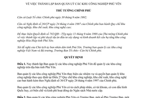 Quyết định 199/1998/QĐ-TTg thành lập Ban quản lý các khu công nghiệp Phú Yên