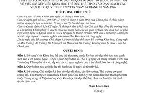 Quyết định 202/1998/QĐ-TTg  sắp xếp Viện Khoa học thể dục thể thao vào danh sách các Viện theo Quyết định 782/TTg năm 1996