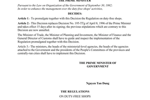 Decision No. 205/1998/QD-TTg of October 19, 1998 promulgating the regulation on duty-free shops